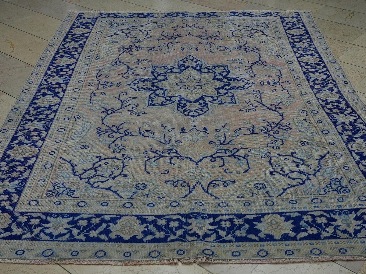 Vintage Turkish Oushak Rug: Navy Blue & Peach, 6'x8' Wool Carpet