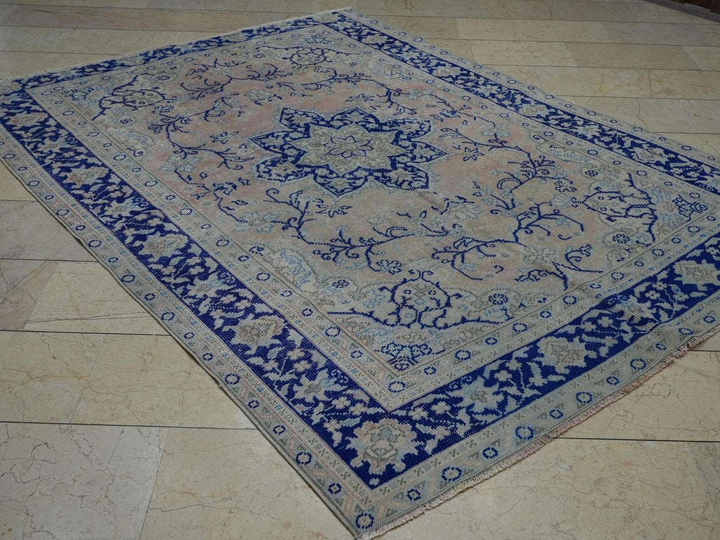 Vintage Turkish Oushak Rug: Navy Blue & Peach, 6'x8' Wool Carpet