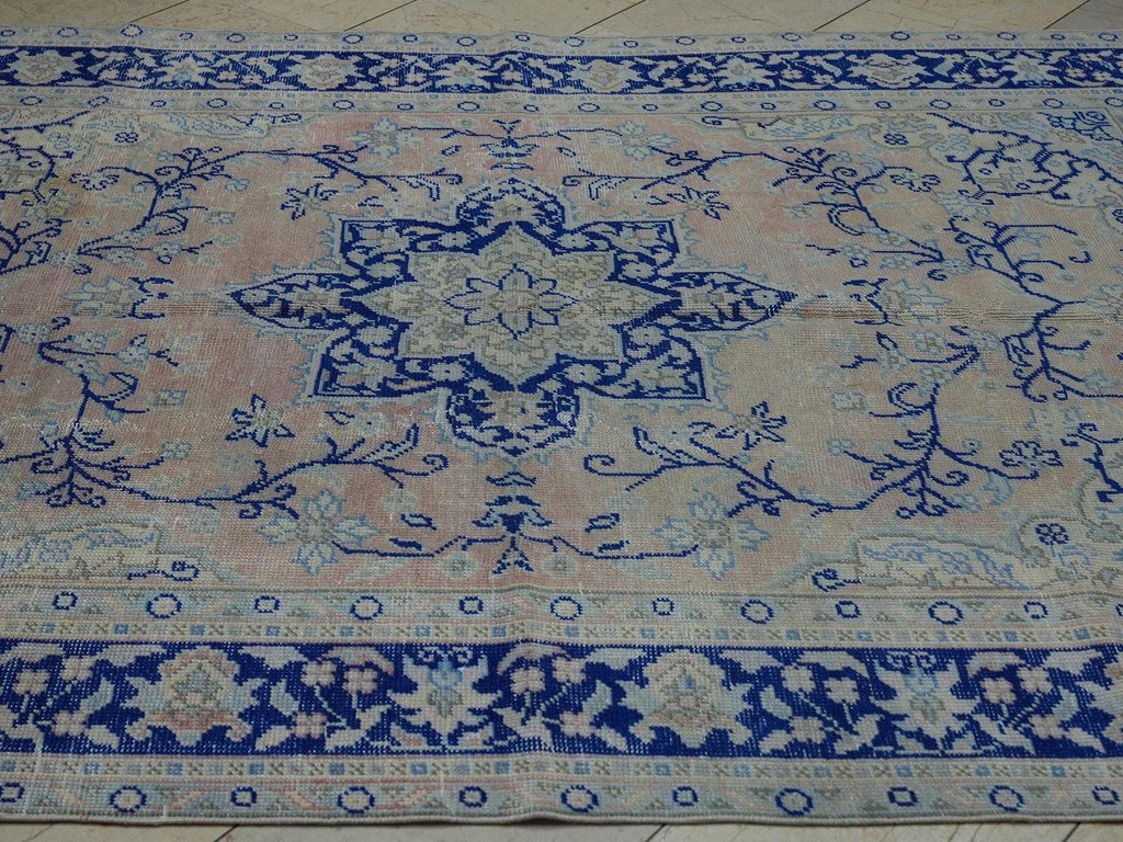 Vintage Turkish Oushak Rug: Navy Blue & Peach, 6'x8' Wool Carpet