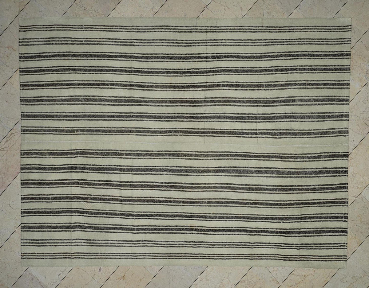 Sweden Style Flat-weave Stripe Kilim Rug - 7.3x9.5 Ft, Life Line Pattern Cream Brown Rugs.