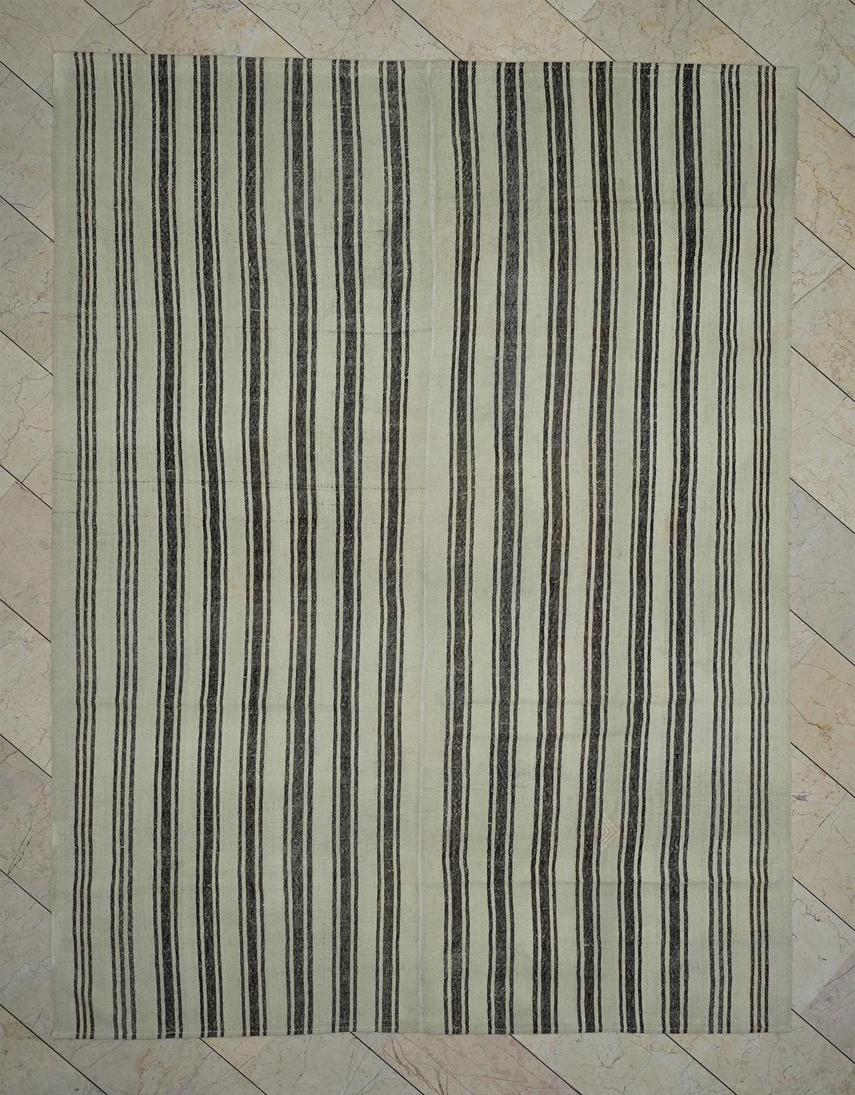 Sweden Style Flat-weave Stripe Kilim Rug - 7.3x9.5 Ft, Life Line Pattern Cream Brown Rugs.