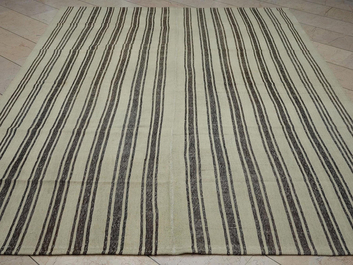 Sweden Style Flat-weave Stripe Kilim Rug - 7.3x9.5 Ft, Life Line Pattern Cream Brown Rugs.