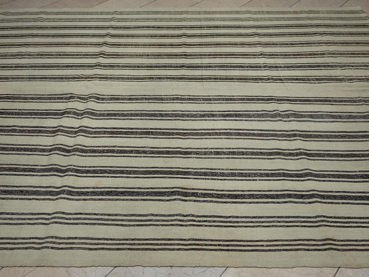 Sweden Style Flat-weave Stripe Kilim Rug - 7.3x9.5 Ft, Life Line Pattern Cream Brown Rugs.