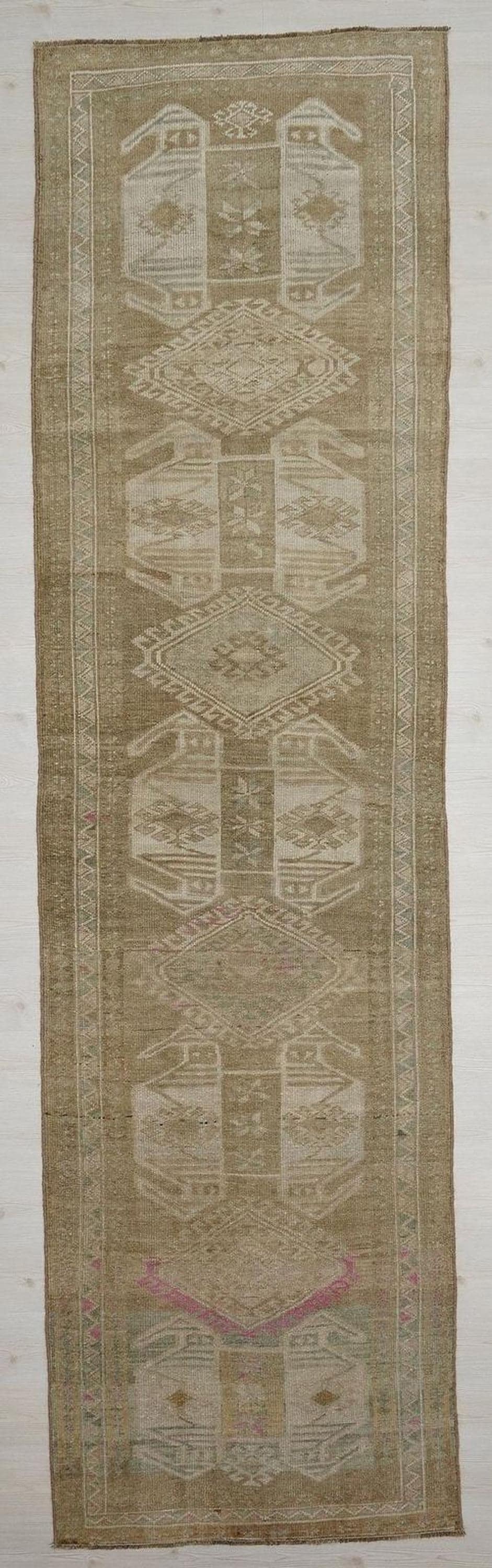 Vintage Kars Rug Runner: Long Brown Wool Hallway Rugs 4x14 ft.