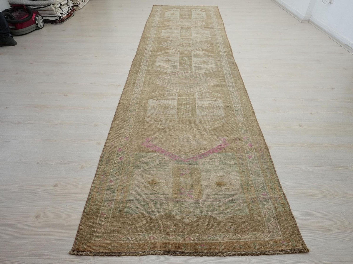 Vintage Kars Rug Runner: Long Brown Wool Hallway Rugs 4x14 ft.