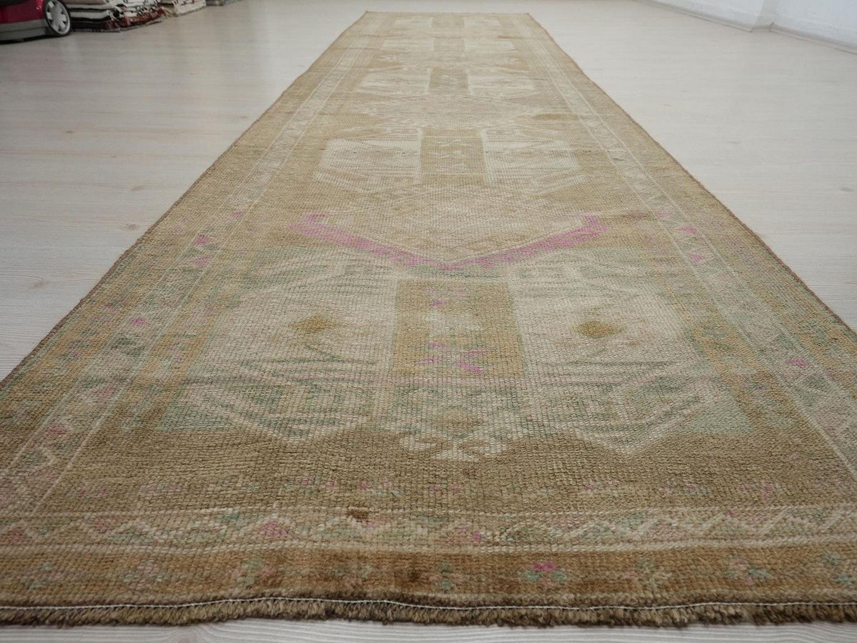 Vintage Kars Rug Runner: Long Brown Wool Hallway Rugs 4x14 ft.