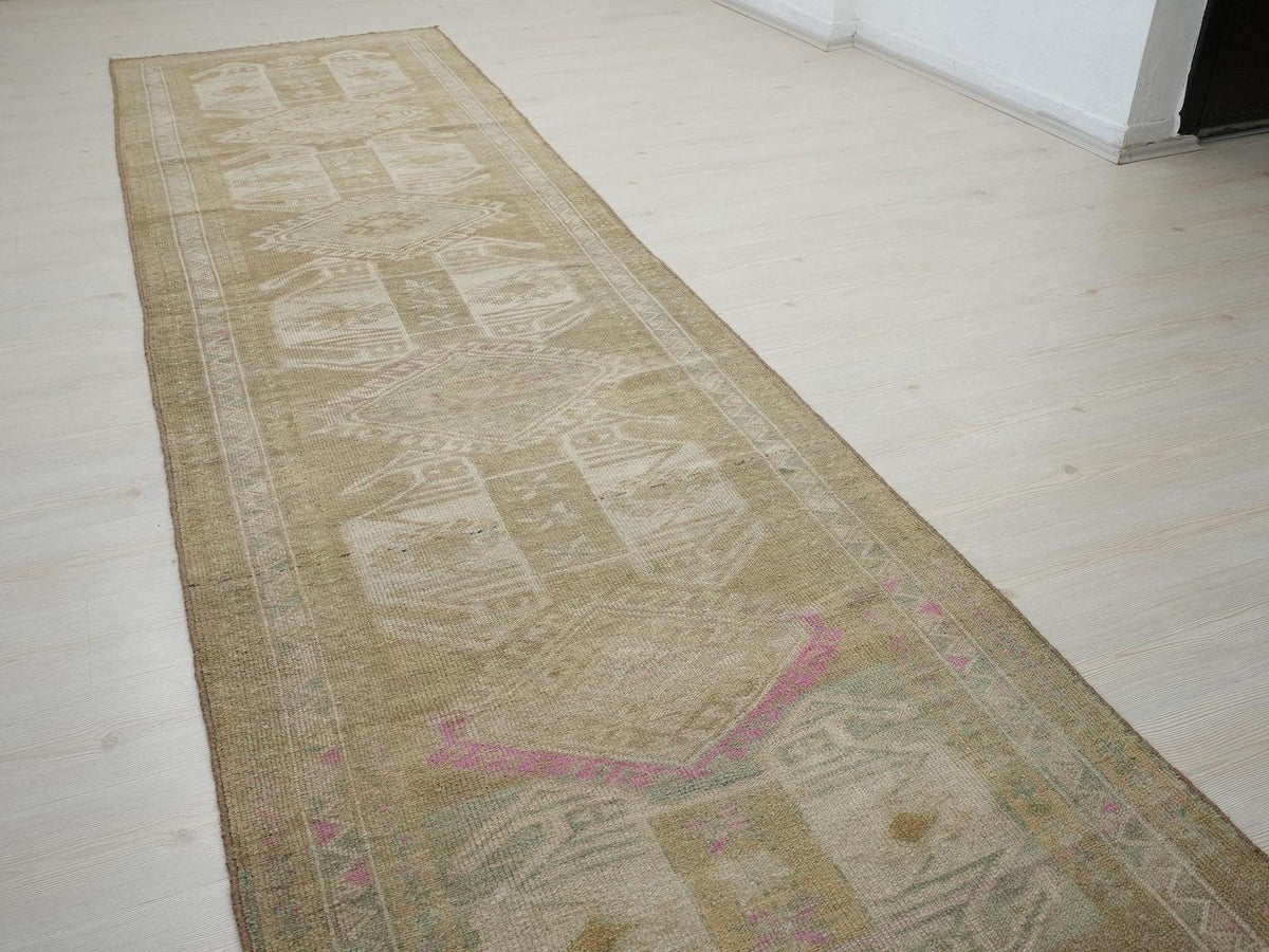 Vintage Kars Rug Runner: Long Brown Wool Hallway Rugs 4x14 ft.