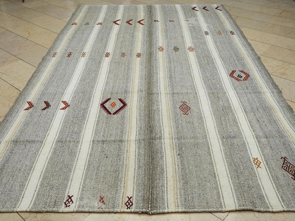 Summer Outdoor Decor: Natural White & Gray Stripe Kilim Rug 6,8x11,4 Turkish Farmhouse Rugs