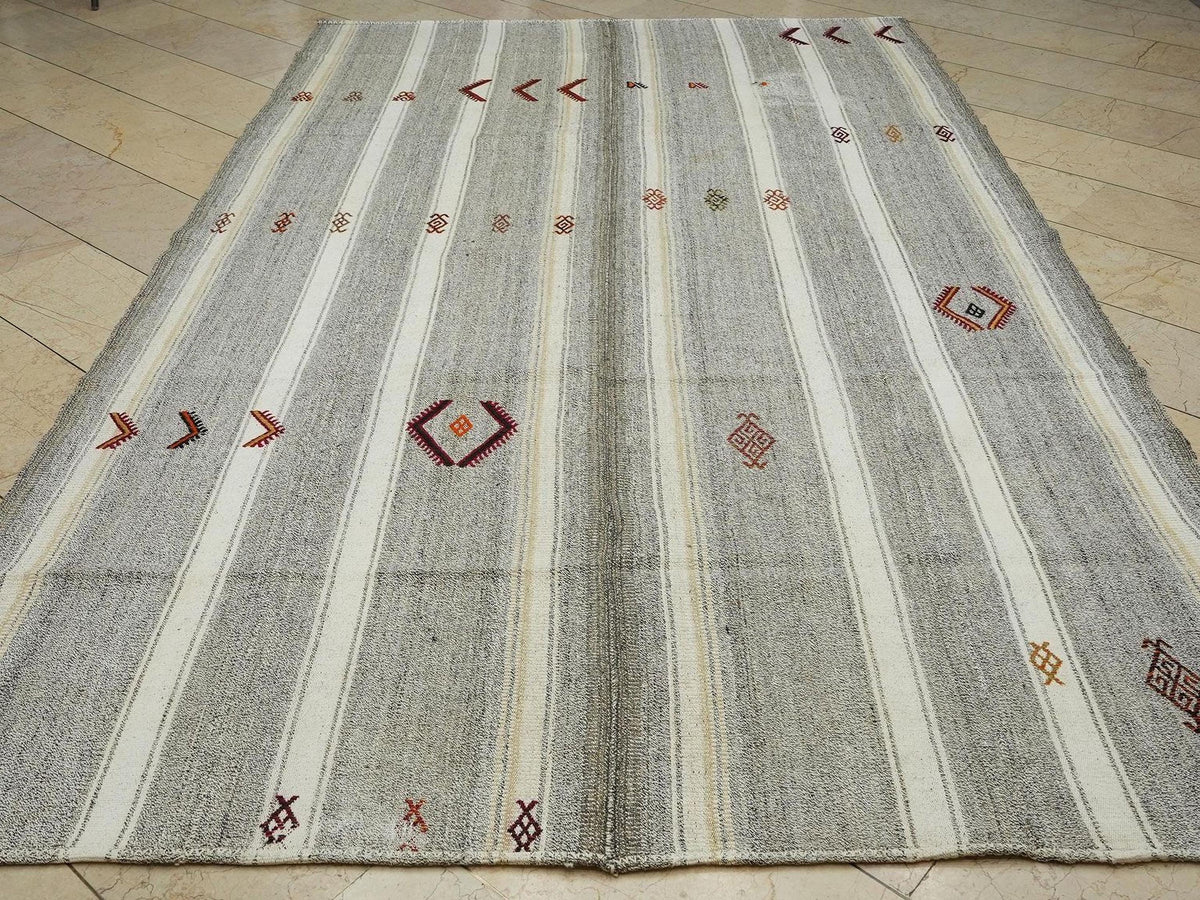 Summer Outdoor Decor: Natural White & Gray Stripe Kilim Rug 6,8x11,4 Turkish Farmhouse Rugs
