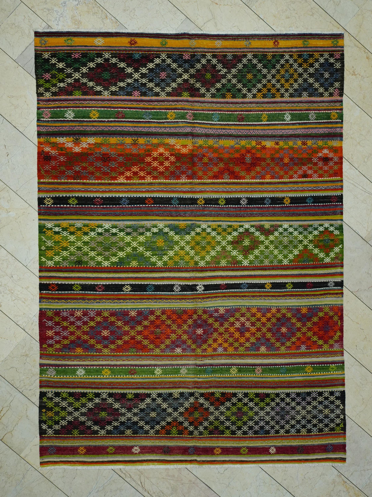 Handmade Embroidered Stripe Turkish Kilim Rug: Colorful Flat Woven Wool Rugs 6,4"x8,11" Ft.