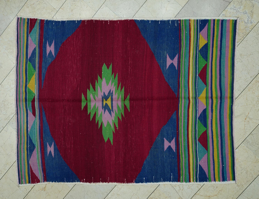 Christmas Gift Vintage Turkish Kilim Rug: Red & Blue Wool, Small Area Rugs 5,2x7 Ft.