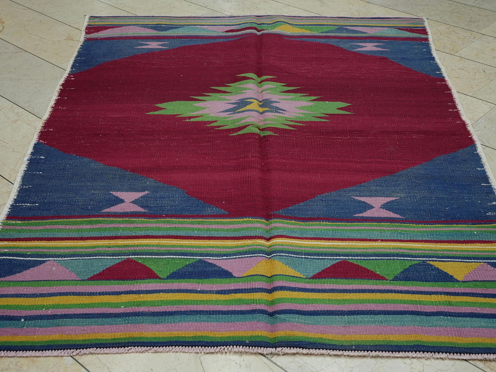 Christmas Gift Vintage Turkish Kilim Rug: Red & Blue Wool, Small Area Rugs 5,2x7 Ft.