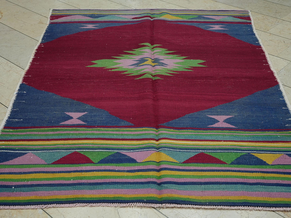 Christmas Gift Vintage Turkish Kilim Rug: Red & Blue Wool, Small Area Rugs 5,2x7 Ft.