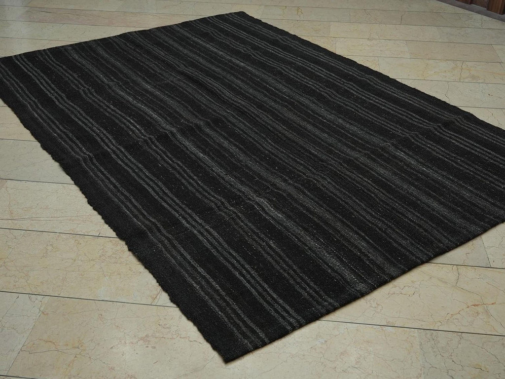 Mid-Century Modern Goat Hair Kilim Rug: 5.8x8.3 ft, Natural Color Stripe Rugs