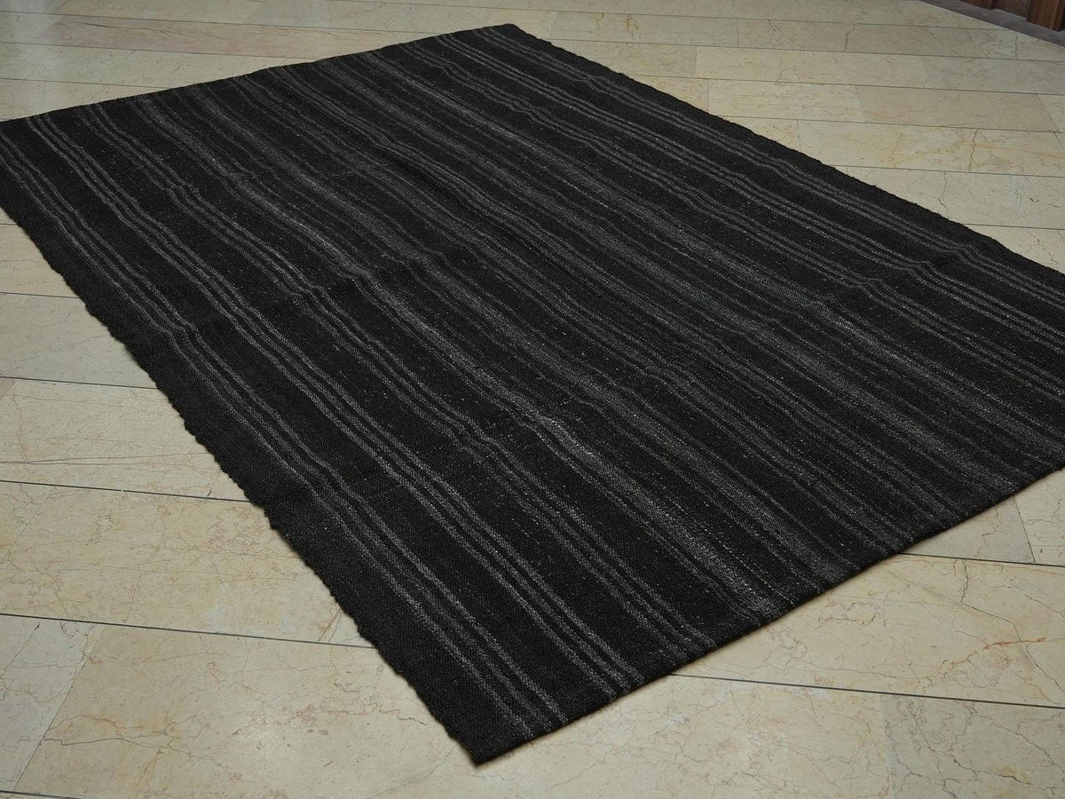 Mid-Century Modern Goat Hair Kilim Rug: 5.8x8.3 ft, Natural Color Stripe Rugs