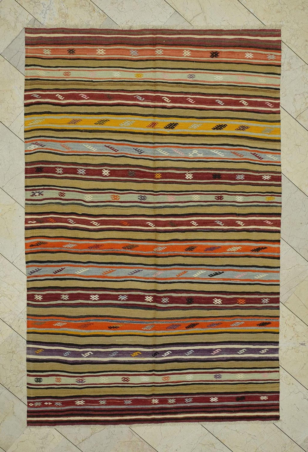 Striped Vintage Turkish Kilim Rug: 5.3"x8.1' Feet, Wool Flat Weave Area Rugs.