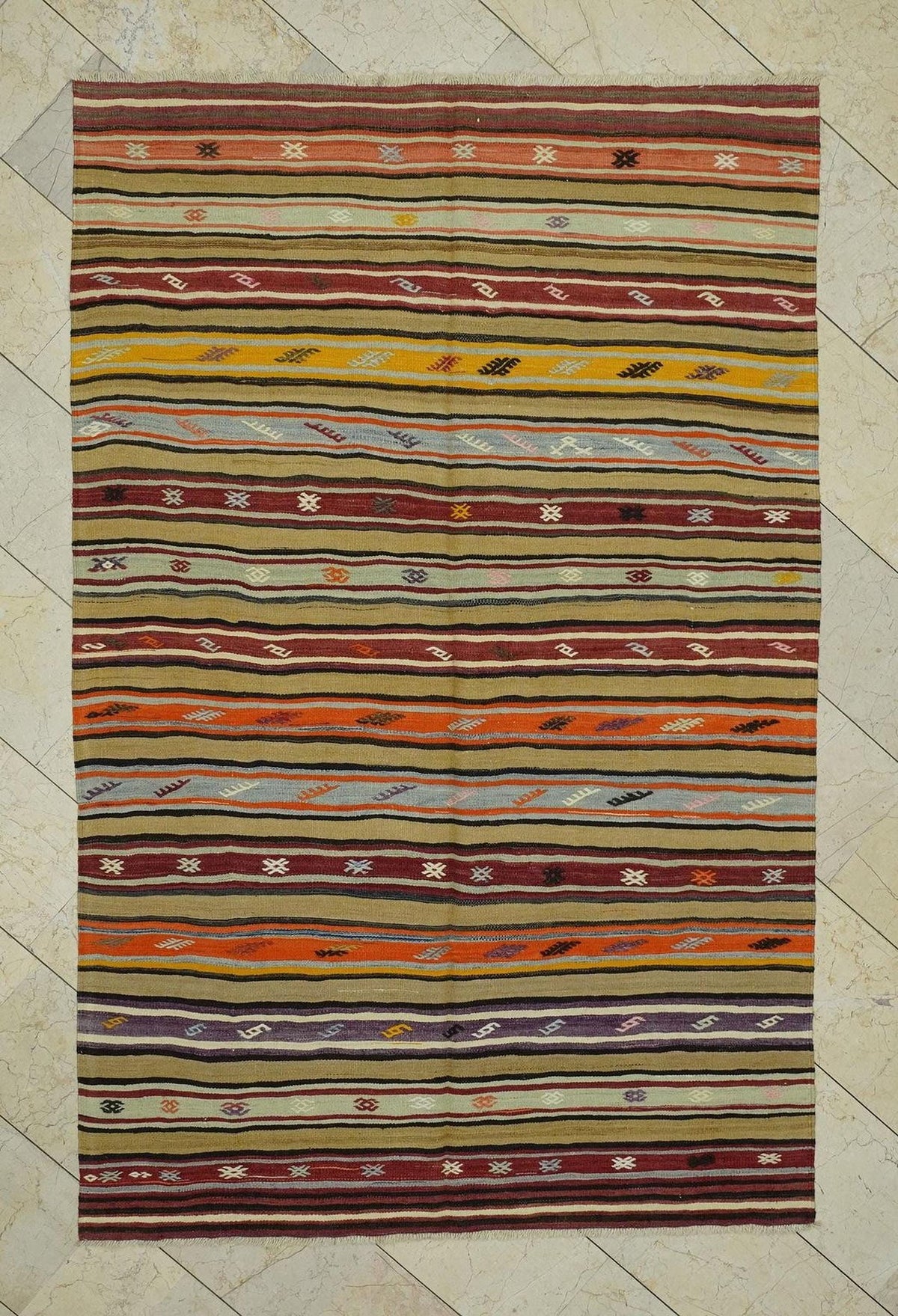 Striped Vintage Turkish Kilim Rug: 5.3"x8.1' Feet, Wool Flat Weave Area Rugs.
