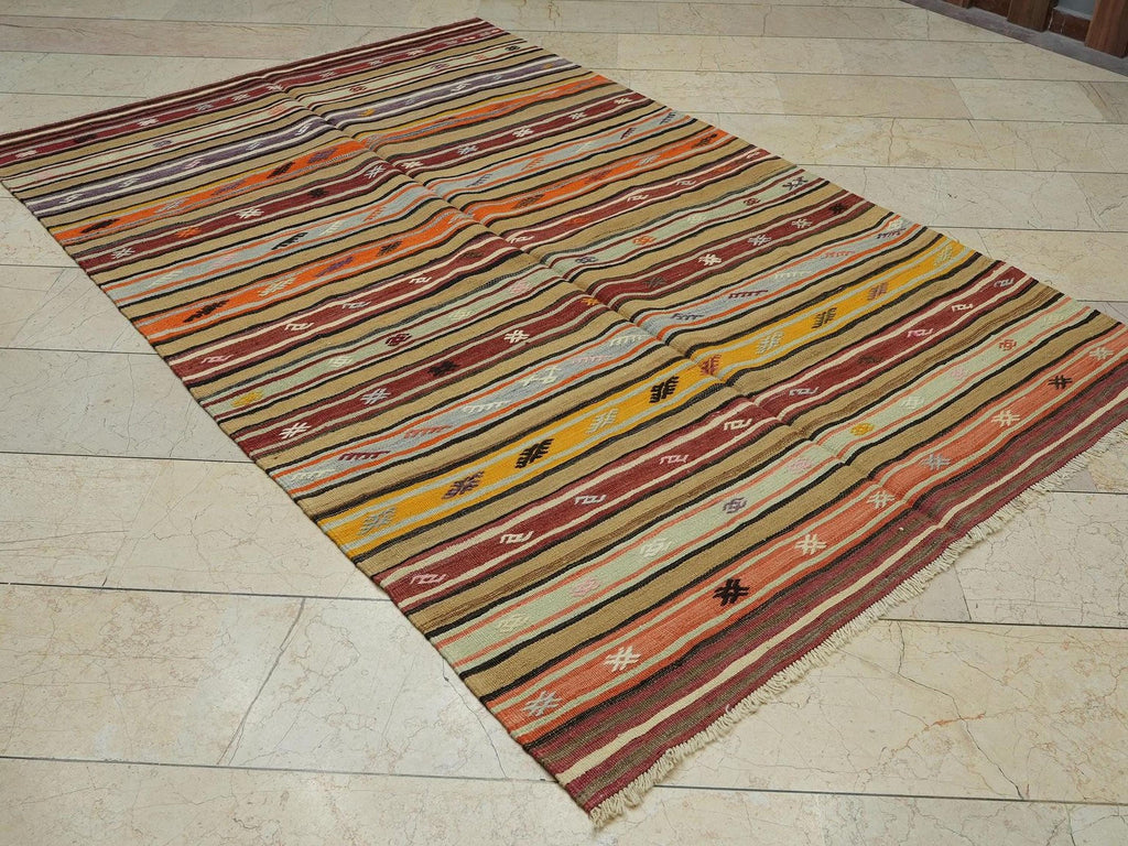 Striped Vintage Turkish Kilim Rug: 5.3"x8.1' Feet, Wool Flat Weave Area Rugs.
