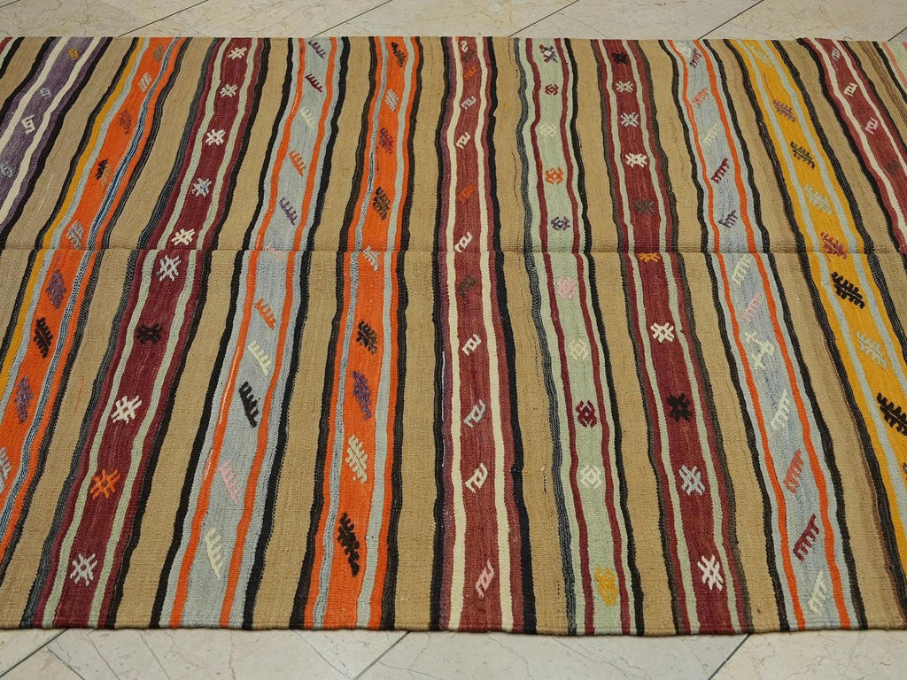 Striped Vintage Turkish Kilim Rug: 5.3"x8.1' Feet, Wool Flat Weave Area Rugs.