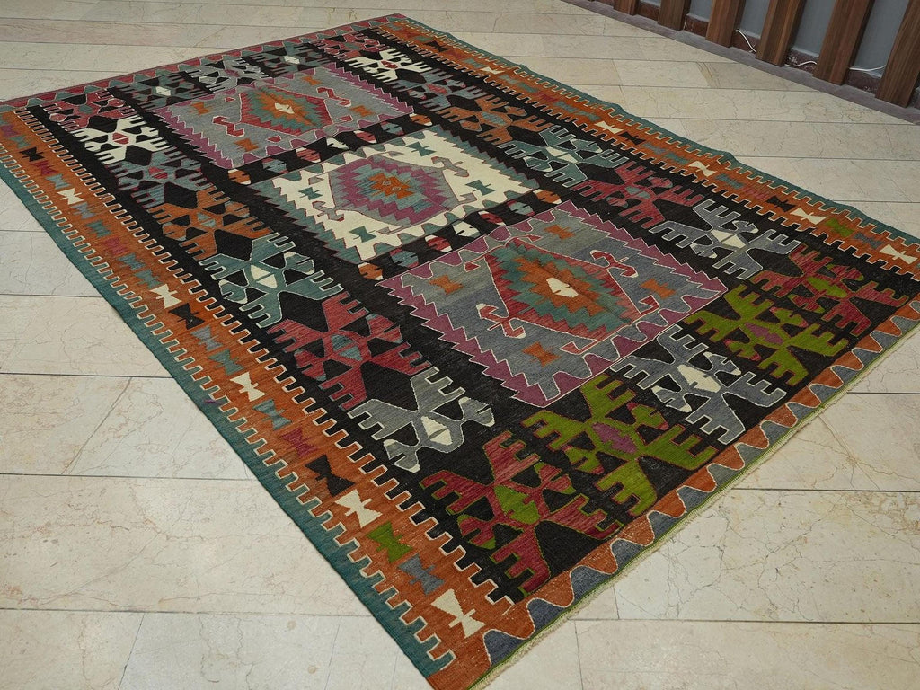 Antique Turkish Kilim Rug: Primitive Decor Village Flat Weave Rugs 6,7x9,3 Feet.