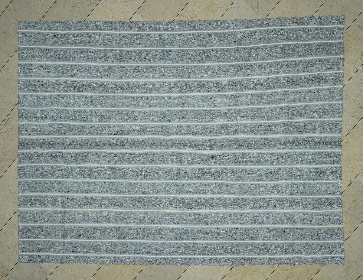 7x10 Vintage Turkish Kilim Rug: White Stripe Natural Gray Summer Outdoor Decor Rugs