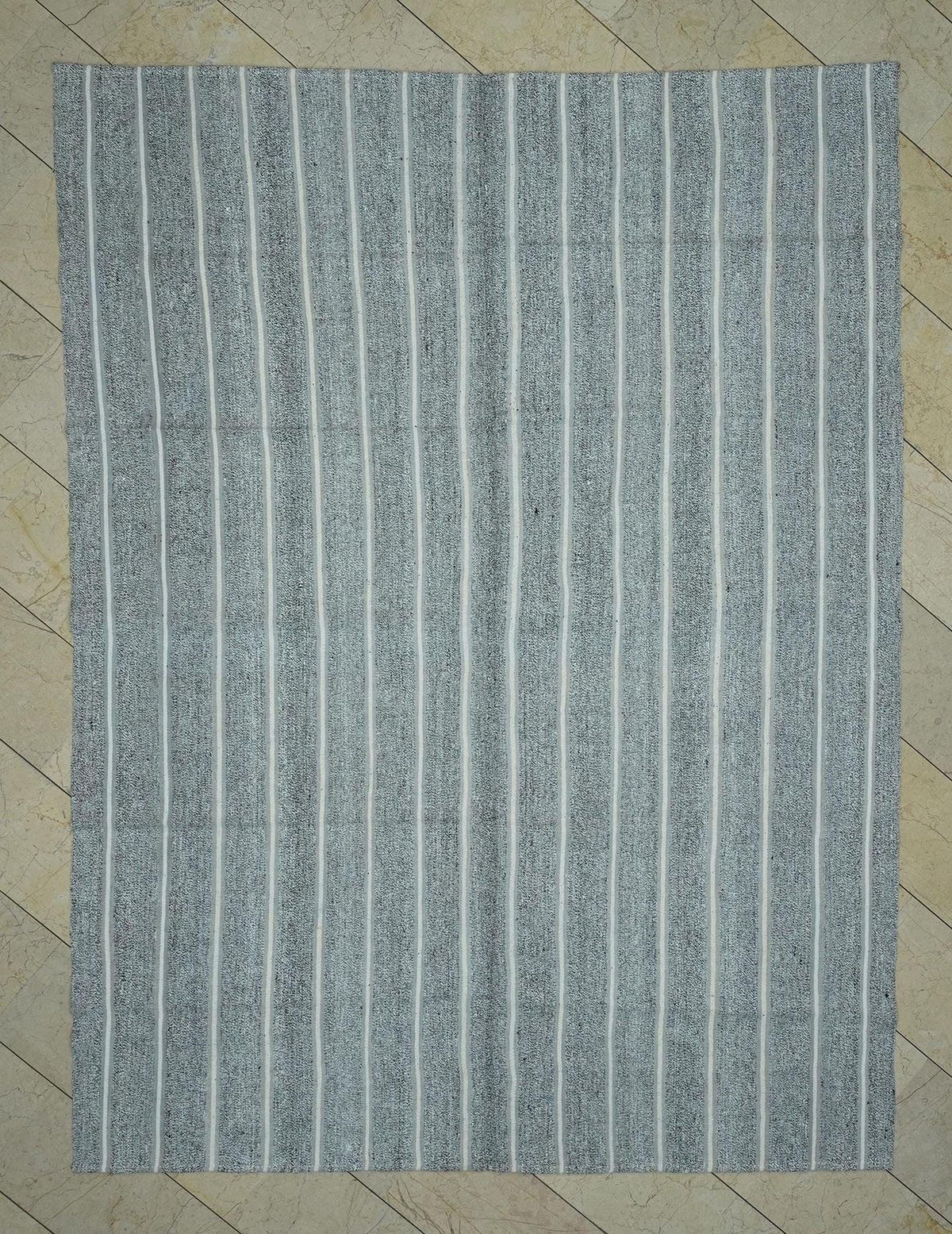 7x10 Vintage Turkish Kilim Rug: White Stripe Natural Gray Summer Outdoor Decor Rugs