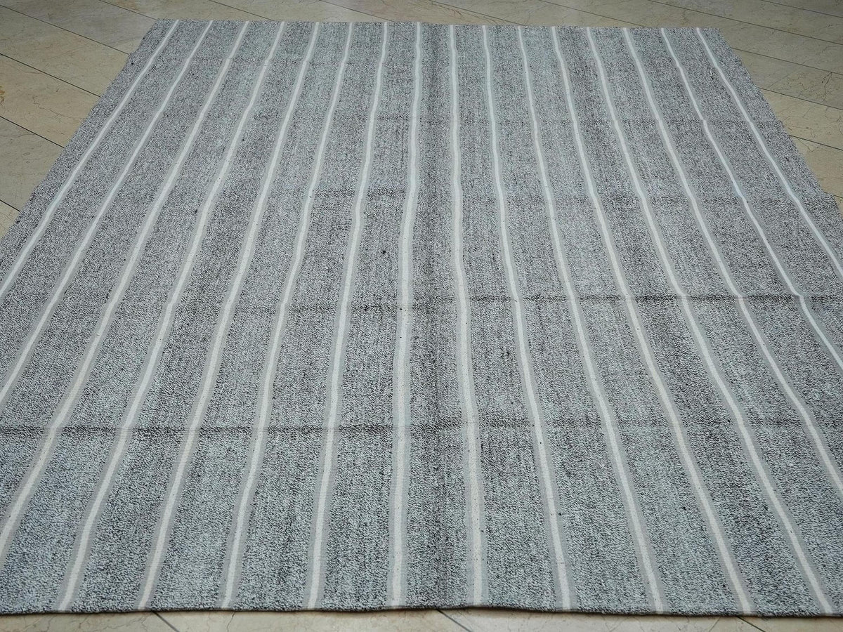 7x10 Vintage Turkish Kilim Rug: White Stripe Natural Gray Summer Outdoor Decor Rugs