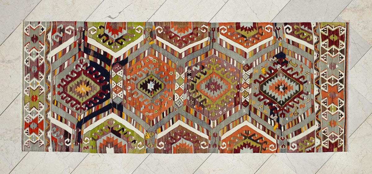 1930s Antique Flat-weave Turkish Rug-Wall Hanging Art - unique Tribal Area Kilim.