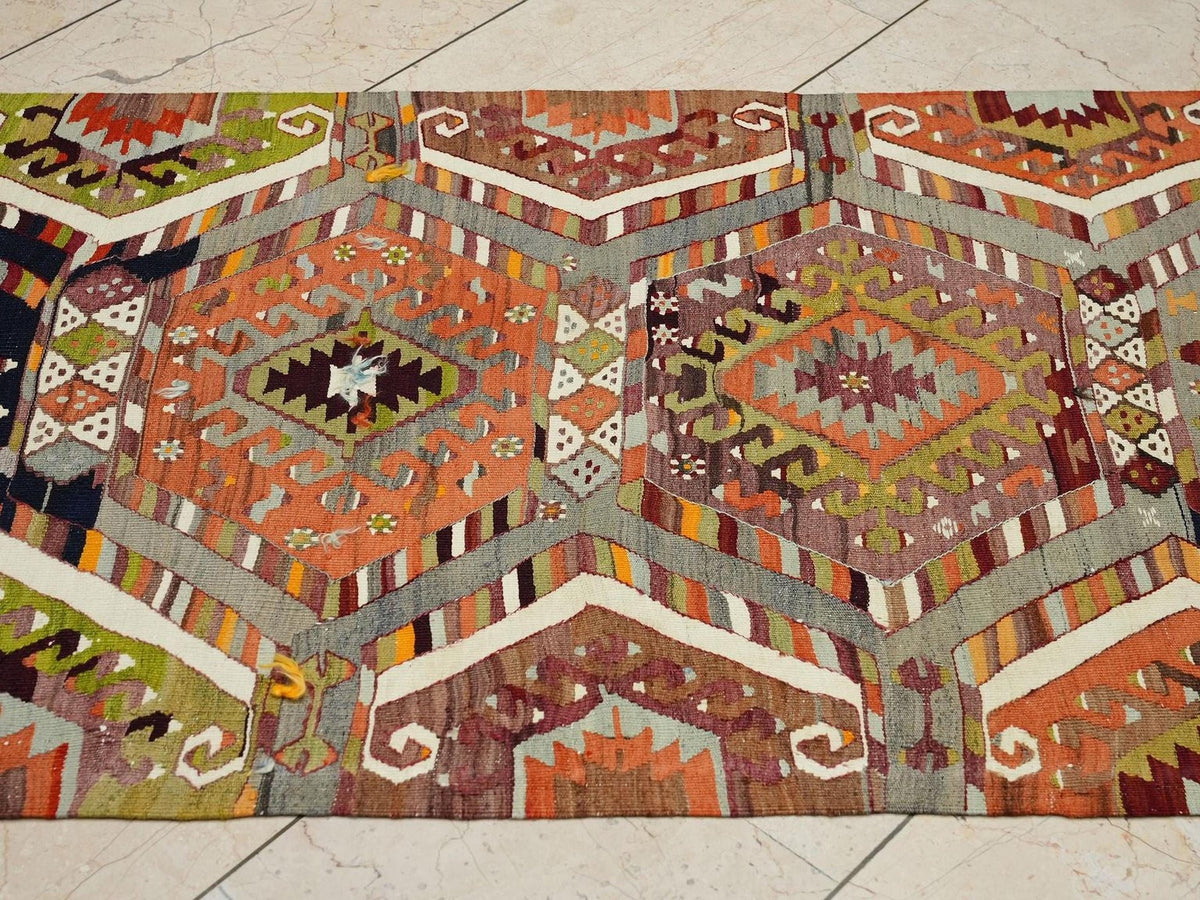 1930s Antique Flat-weave Turkish Rug-Wall Hanging Art - unique Tribal Area Kilim.