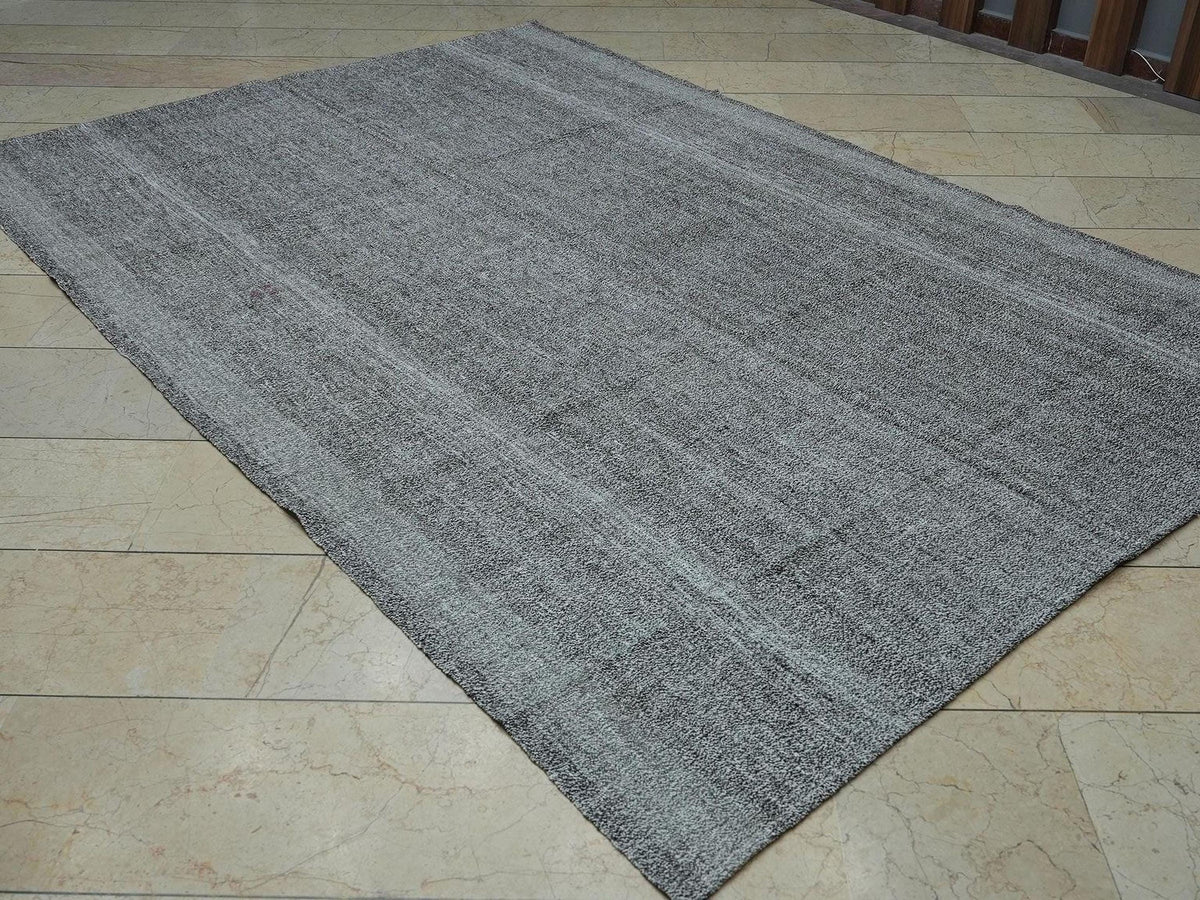 Mid Century Plain Silver Gray Vintage Turkish Kilim Rug,6,4"x9,5"Feet 195x288 Cm.