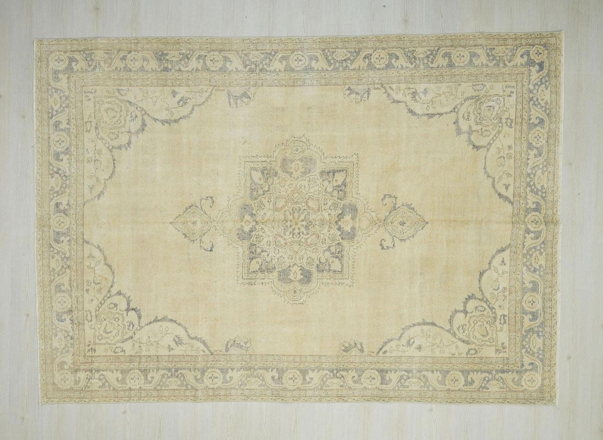 Mid Century Modern Oushak Rug: 6.11"x9.10" Feet,Faded Color Turkish Wool Rugs.