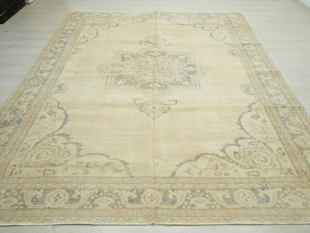 Mid Century Modern Oushak Rug: 6.11"x9.10" Feet,Faded Color Turkish Wool Rugs.
