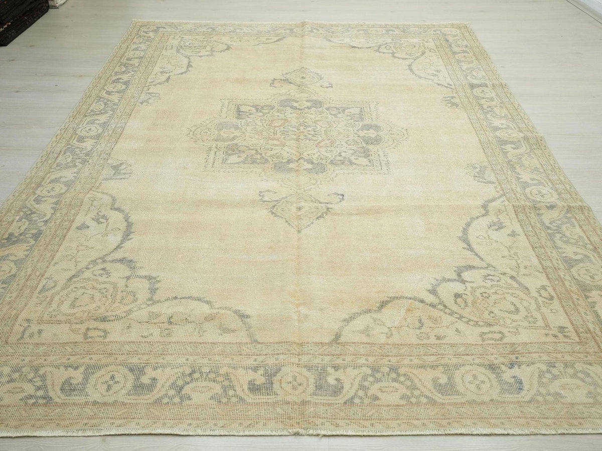 Mid Century Modern Oushak Rug: 6.11"x9.10" Feet,Faded Color Turkish Wool Rugs.