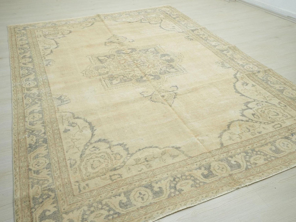 Mid Century Modern Oushak Rug: 6.11"x9.10" Feet,Faded Color Turkish Wool Rugs.