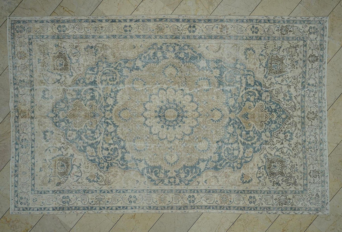 Vintage Turkish Oushak Rug: 6.5x10.5 Feet, Gray Blue And Beige Primitive Decor Rugs
