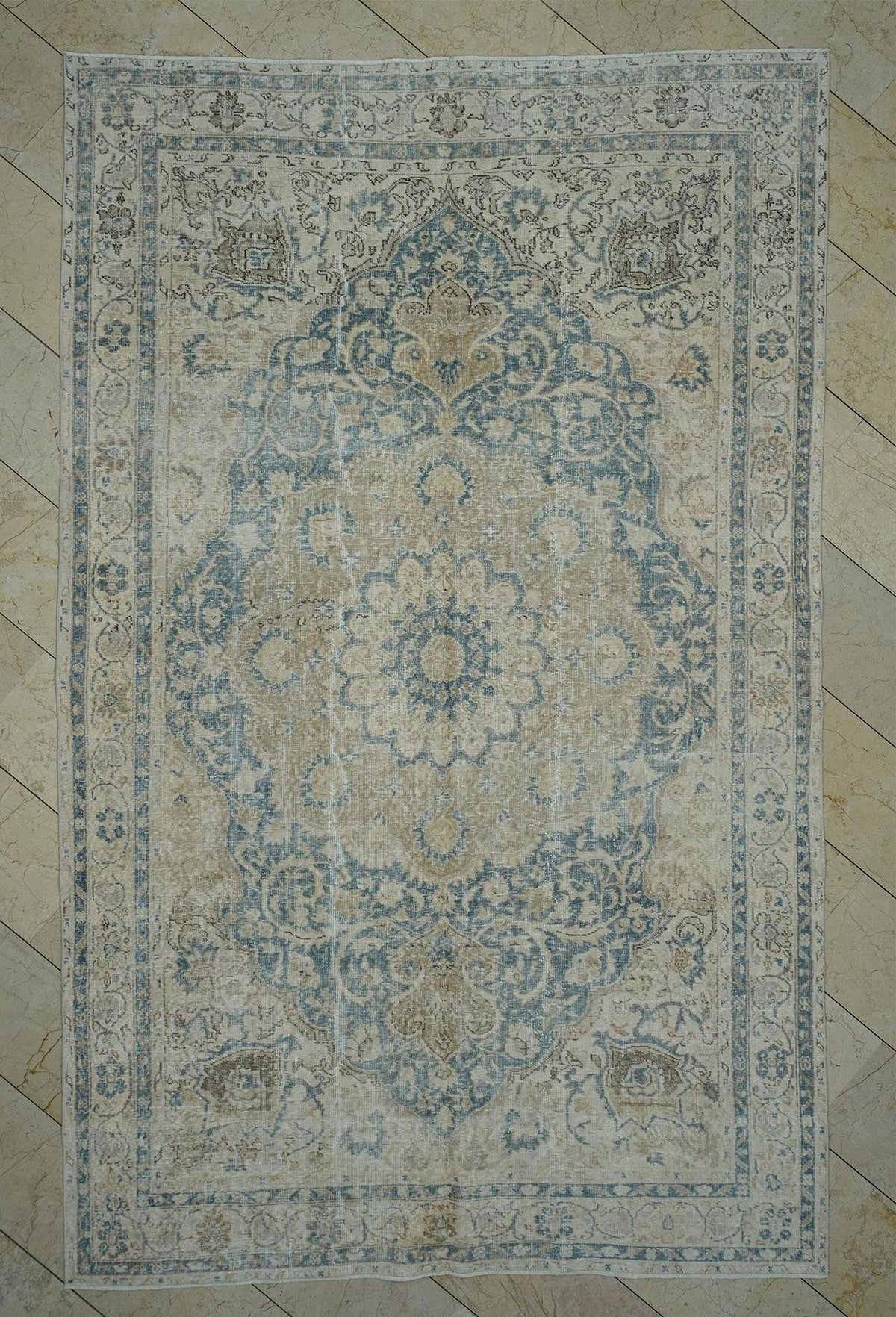 Vintage Turkish Oushak Rug: 6.5x10.5 Feet, Gray Blue And Beige Primitive Decor Rugs