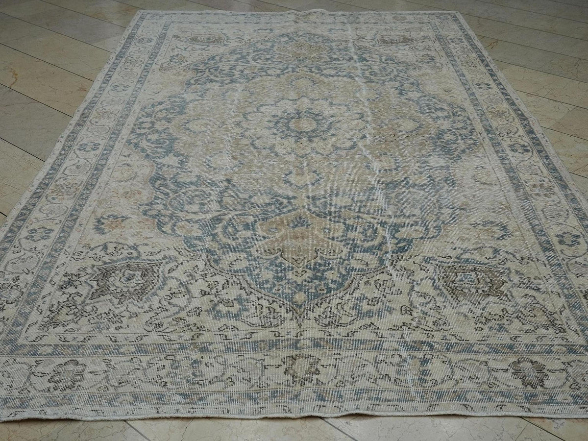 Vintage Turkish Oushak Rug: 6.5x10.5 Feet, Gray Blue And Beige Primitive Decor Rugs