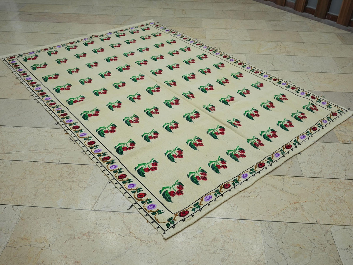 Cherry Pattern Kilim Rug: Embroidered Wool Wall Hanging Turkish Rugs, 5.2x7.5 ft.