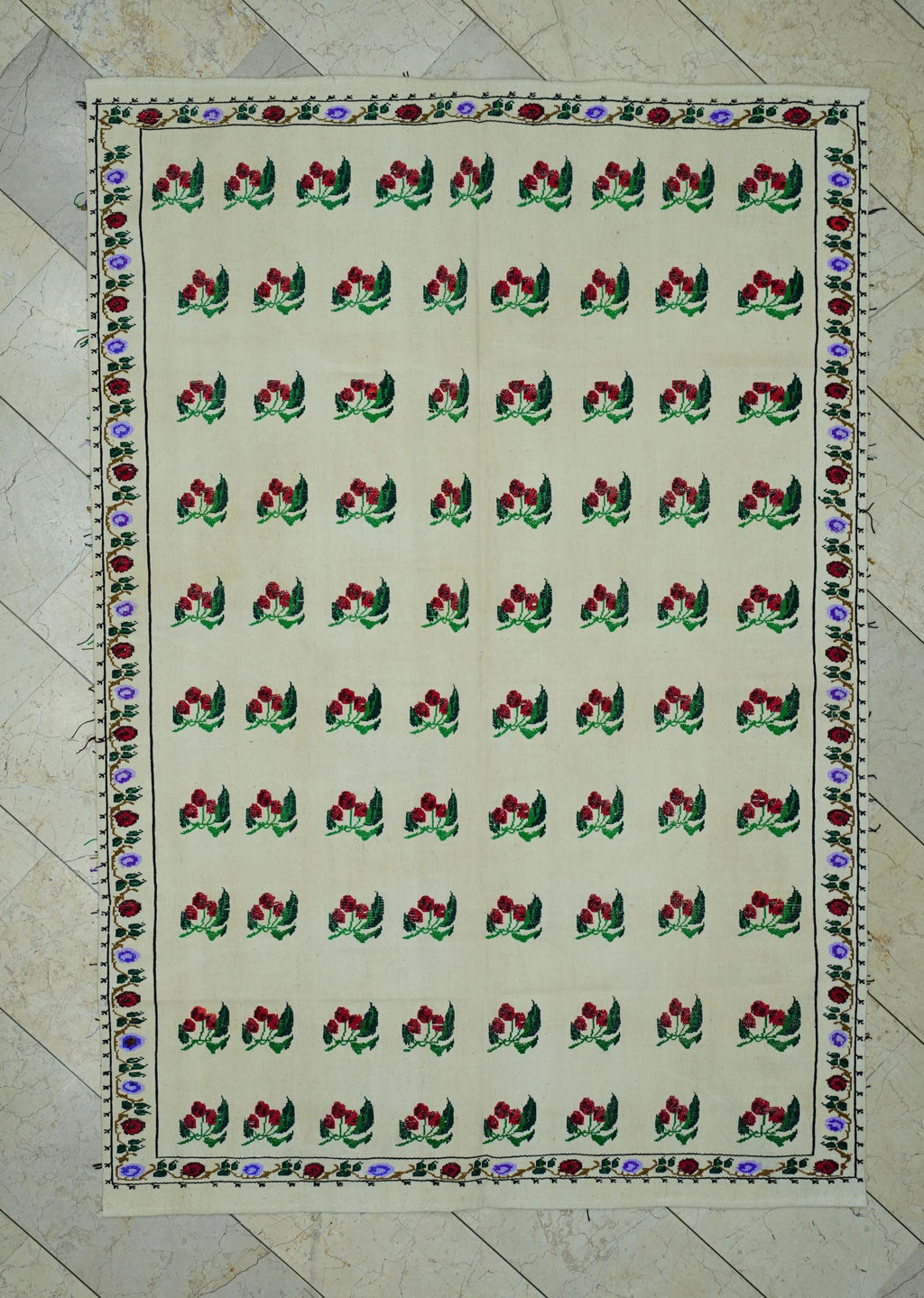 Cherry Pattern Kilim Rug: Embroidered Wool Wall Hanging Turkish Rugs, 5.2x7.5 ft.