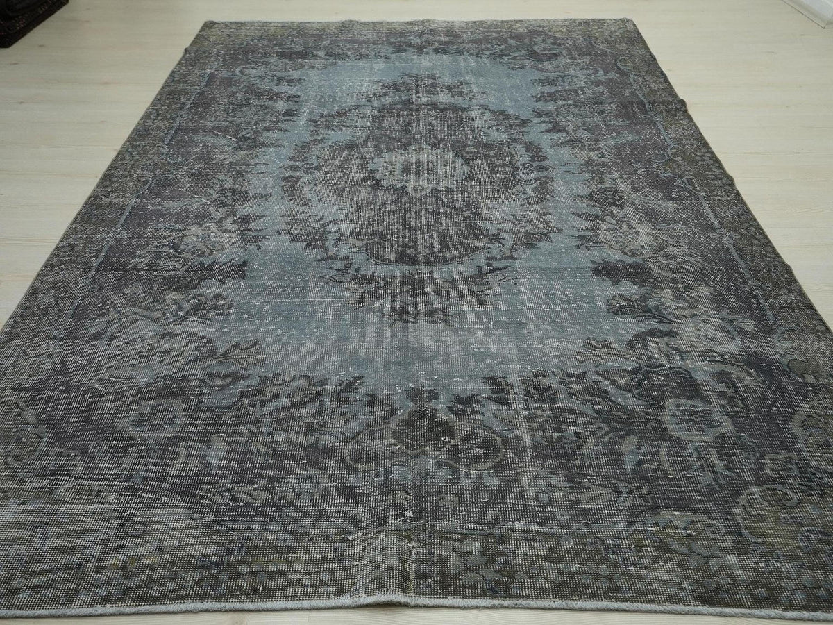Overdyed Gray Oushak Rug: Mid-Century Turkish Wool Carpet 6,5x10,3 Ft
