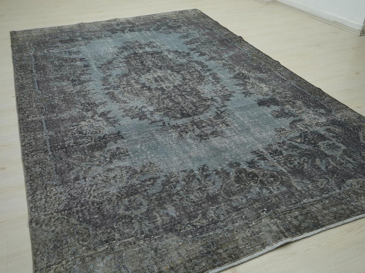 Overdyed Gray Oushak Rug: Mid-Century Turkish Wool Carpet 6,5x10,3 Ft