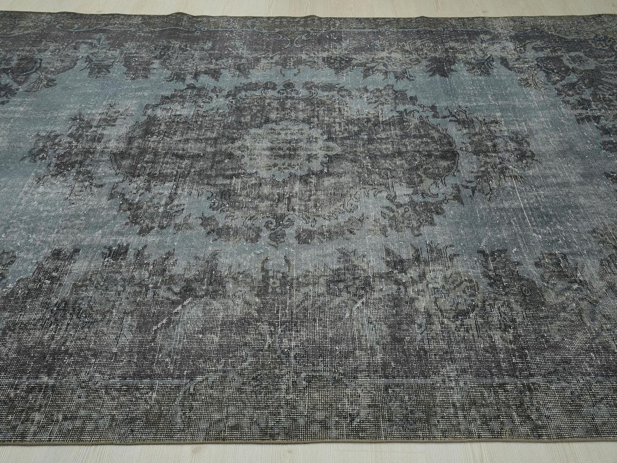 Overdyed Gray Oushak Rug: Mid-Century Turkish Wool Carpet 6,5x10,3 Ft