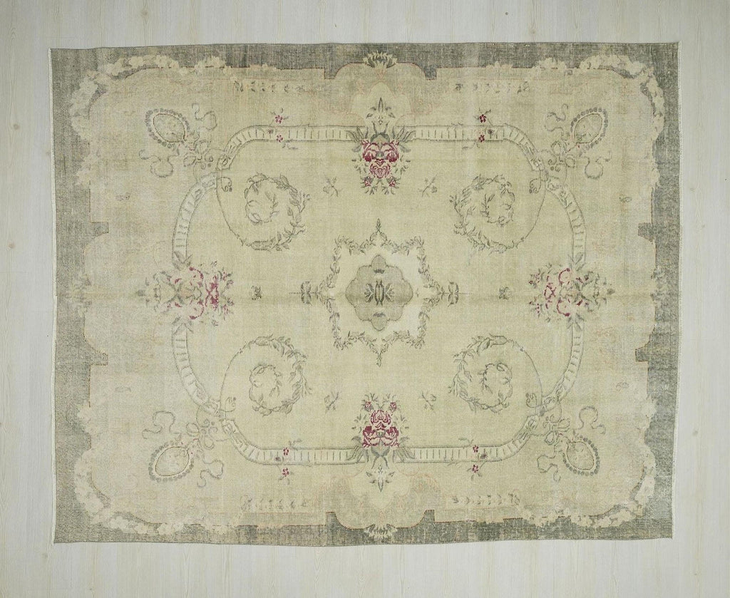 Floral Oushak Turkish Rug: Light Green Vintage Medallion Carpet, 7.4x9.3 ft