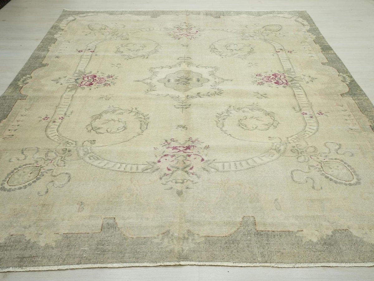 Floral Oushak Turkish Rug: Light Green Vintage Medallion Carpet, 7.4x9.3 ft