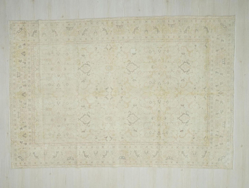 Geometric Vintage Oushak Rug: Beige Gray Turkish Wool Carpet 6.5x9.7 ft.