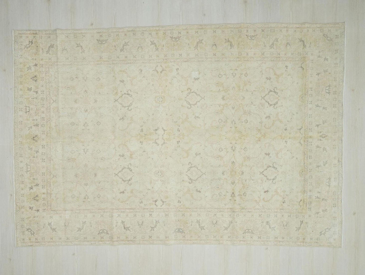 Geometric Vintage Oushak Rug: Beige Gray Turkish Wool Carpet 6.5x9.7 ft.