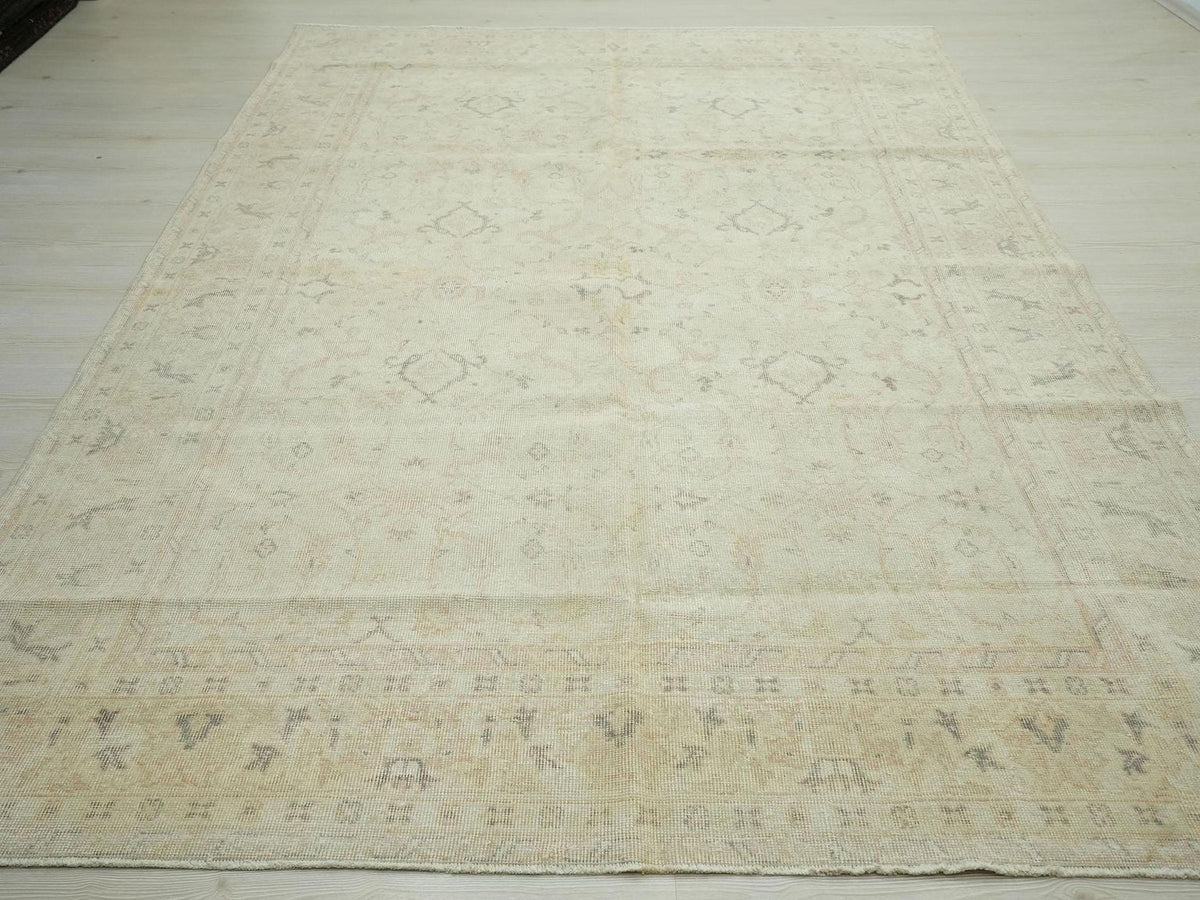 Geometric Vintage Oushak Rug: Beige Gray Turkish Wool Carpet 6.5x9.7 ft.