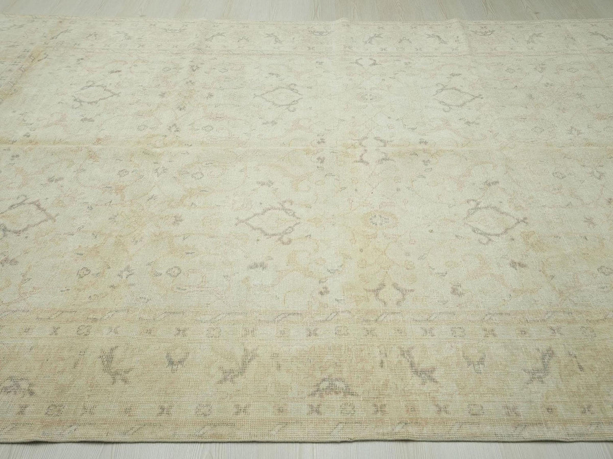 Geometric Vintage Oushak Rug: Beige Gray Turkish Wool Carpet 6.5x9.7 ft.