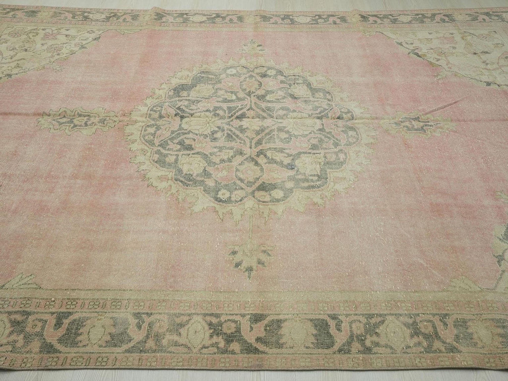 Salmon Pink Vintage Oushak Rug: Large Turkish Wool Carpet,7,2"x11" Ft.