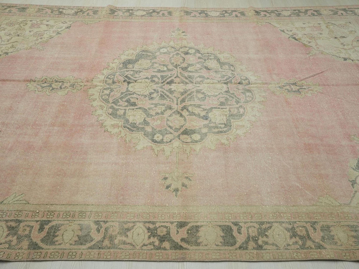 Salmon Pink Vintage Oushak Rug: Large Turkish Wool Carpet,7,2"x11" Ft.